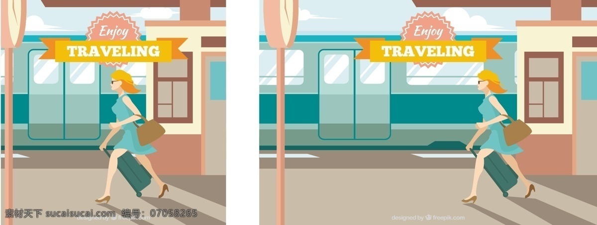 火车站 快乐 女人 背景 旅游 色彩 火车 人 平 多彩的背景 速度 运输 平面设计 机器 旅行 交通 女性 引擎 背景颜色 旅行者
