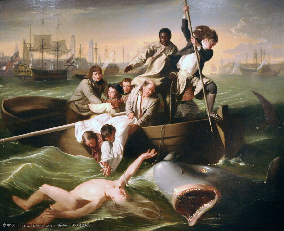 绘画书法 美国 设计图库 世界名画 文化艺术 油画 沃森 鲨鱼 设计素材 模板下载 沃森和鲨鱼 约翰 辛格尔顿 科普利 1778年 装饰素材