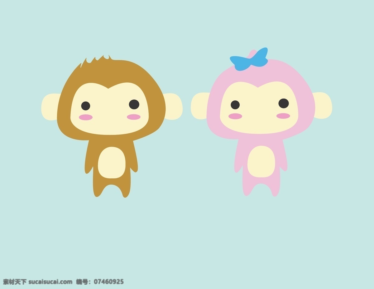 可爱 卡通 小 猴子 男女 粉色 情侣 小猴子 棕色 一对 矢量图 其他矢量图