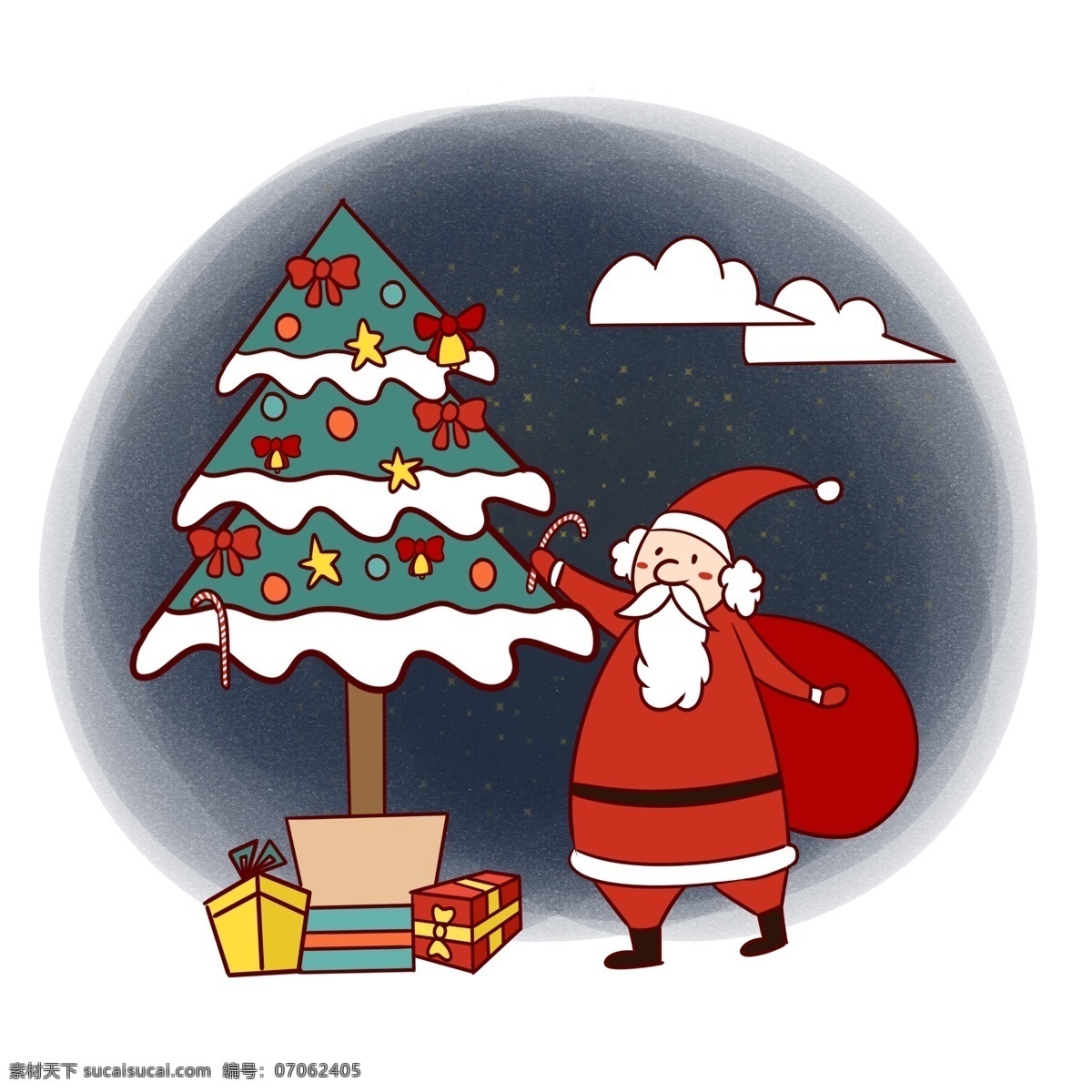 手绘 卡通 可爱 圣诞节 圣诞老人 矢量 免抠 圣诞快乐 礼物 圣诞树 铃铛 夜晚 圣诞夜