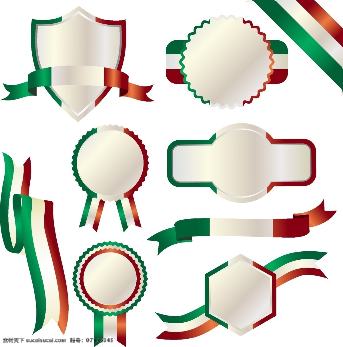 意大利 国旗 标签 飘带 丝带 意大利主题 意大利元素 盾牌 徽标徽章标帖 标志图标 矢量素材 白色