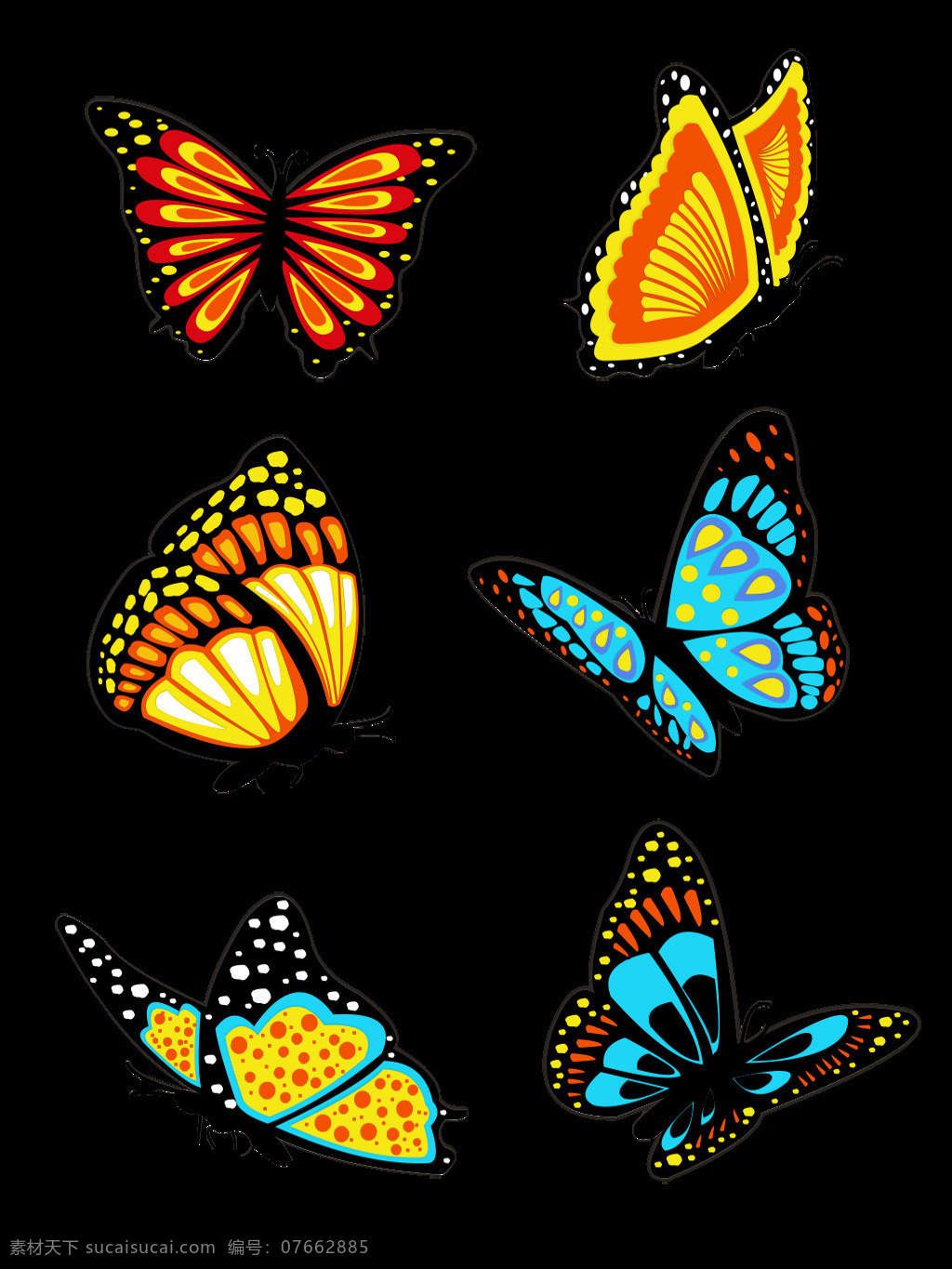 漂浮 蝴蝶 元素 卡通 彩色 套 图 图案 元素设计 艳丽 纸片风