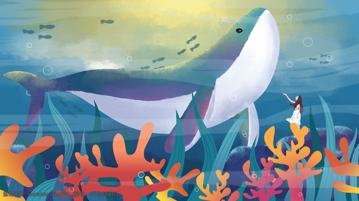 深海 遇 鲸 唯美 插画 女孩 鲸鱼 珊瑚 海底 壁纸 深海遇鲸 唯美插画 萌宠 配图 鲸鱼和女孩