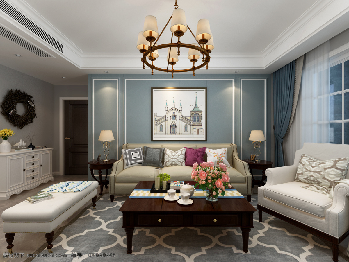 欧美 客厅 效果图 美式风格 欧式 轻奢 沙发 背景墙 高清大图 灯具 欧式效果图 3d设计 3d作品