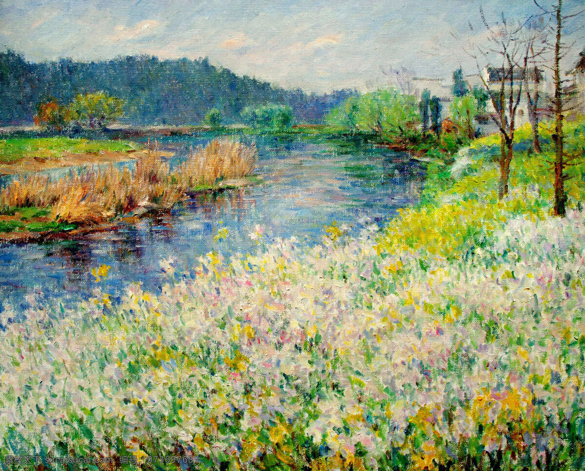 村庄 房屋 风景 花朵 绘画书法 美术 农家 岸边花地 油画 乡土 江流 树木 油画艺术 油画作品25 文化艺术 家居装饰素材