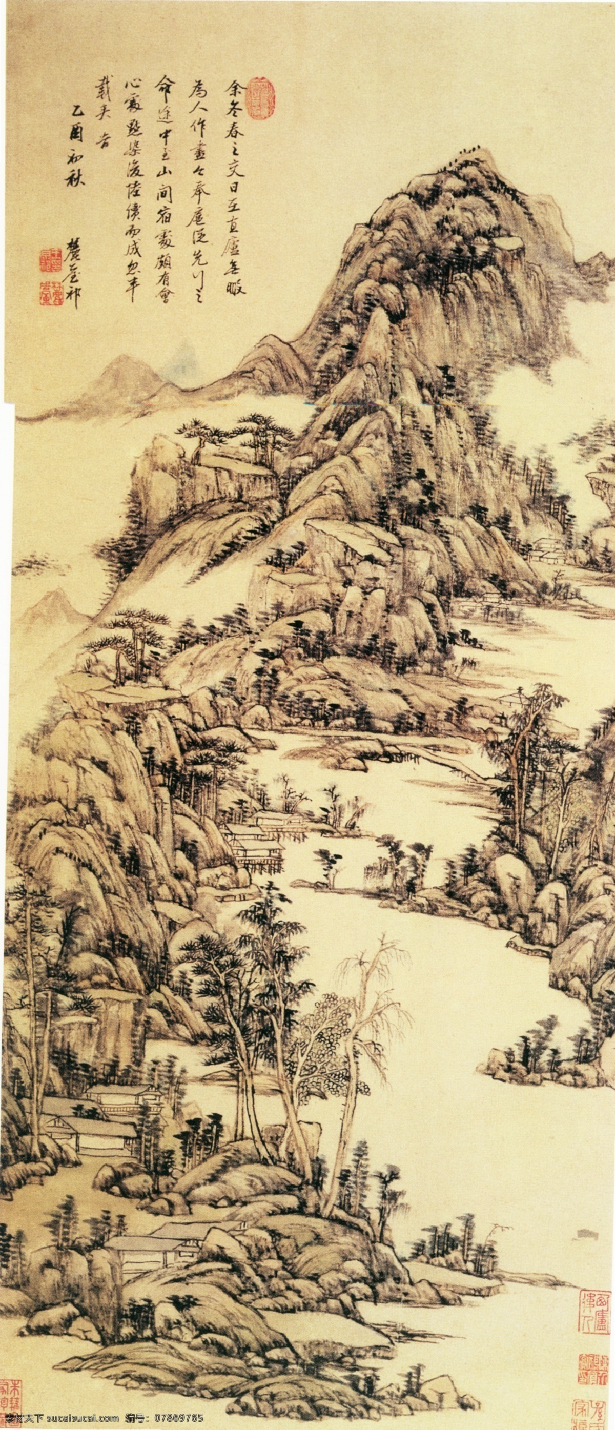 山中早春图 中式 古典 山水画 背景墙 装饰画 贴图 壁纸 墙纸