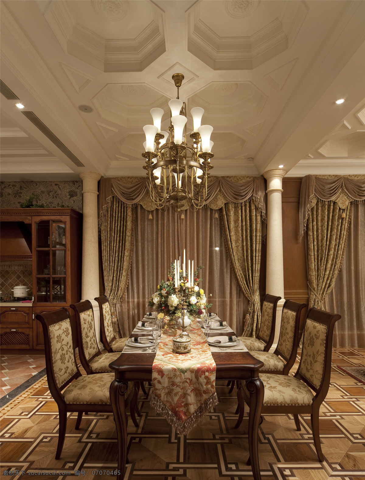 现代 客厅 褐色 餐椅 室内装修 效果图 客厅装修 格子地板 褐色窗帘 白色吊灯