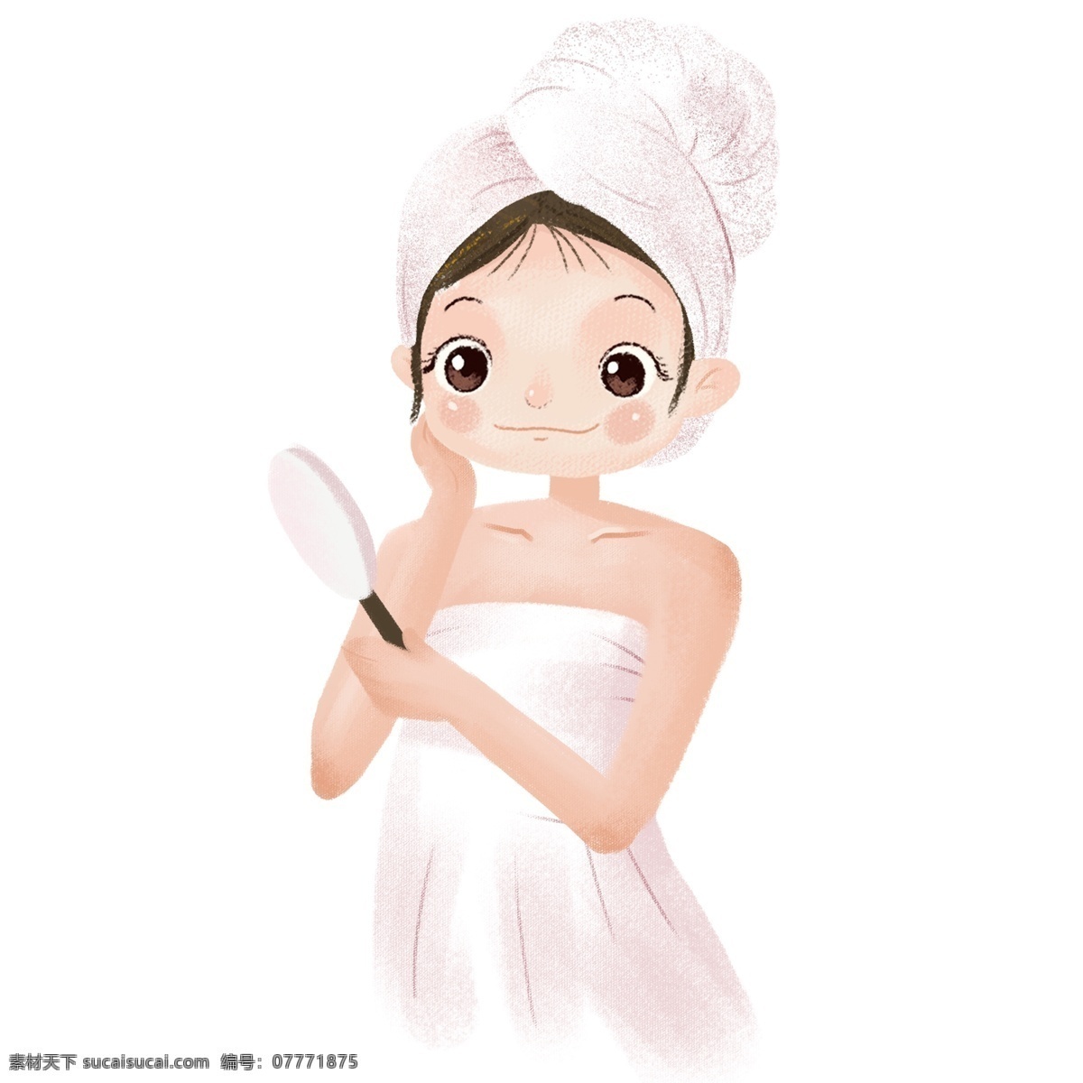卡通 可爱 照镜子 女孩 护肤 插画 人物 少女 女生 美容 浴巾 浴帽