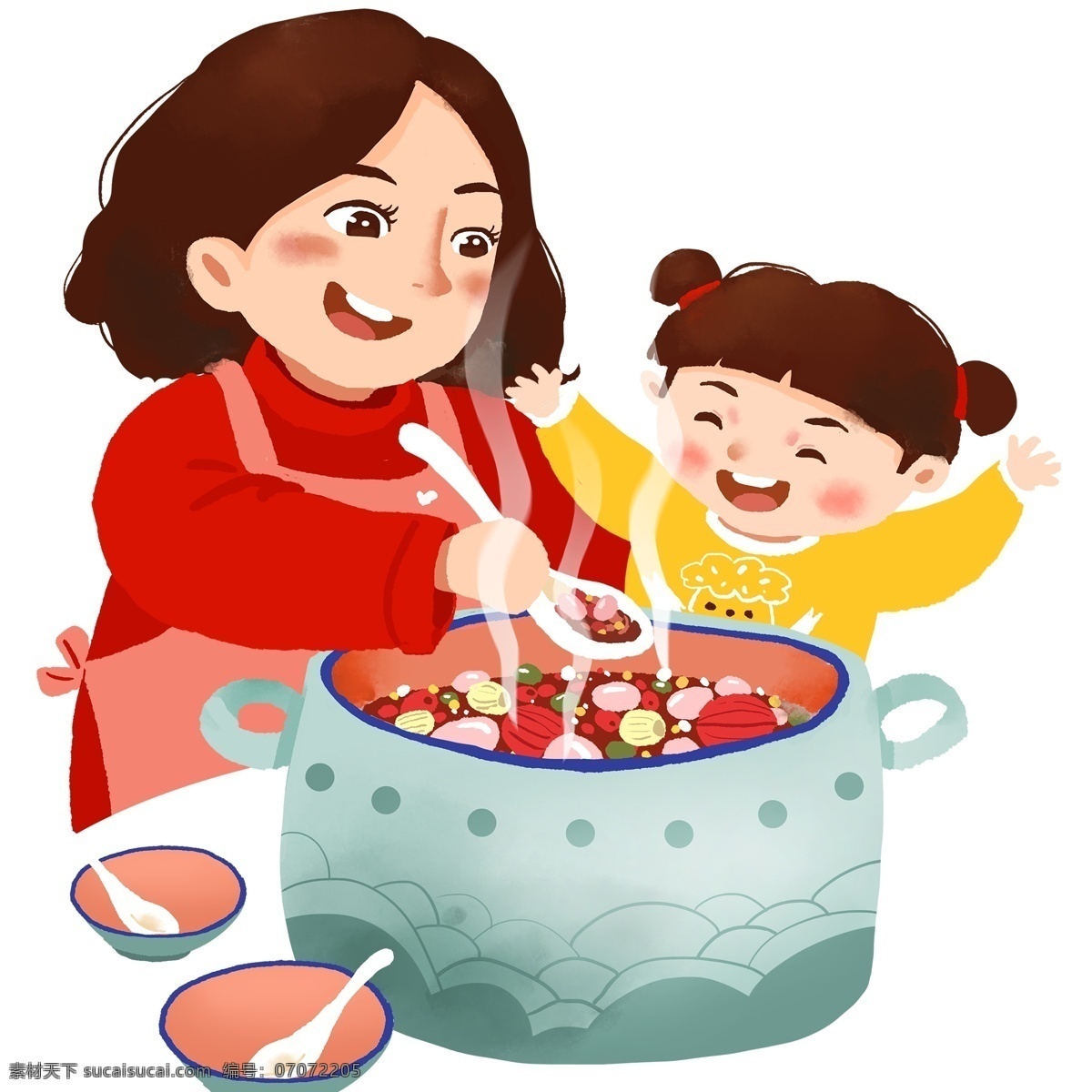 手绘 开心 吃 粥 母女 俩 人物 插画 卡通 吃粥 腊八粥 八宝粥 盛粥