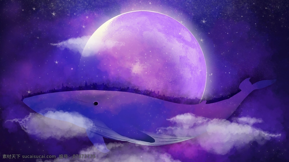 蓝色 海洋 中 鲸鱼 月亮 卡通 背景 可爱