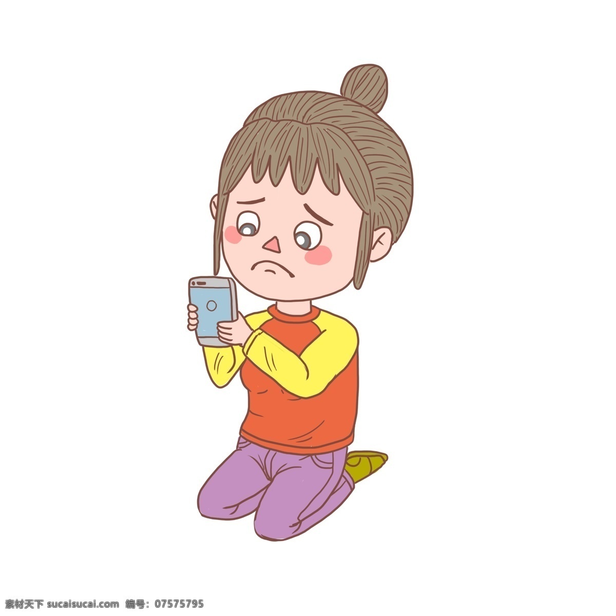 卡通 手机 没有 信号 悲伤 少女 手绘 人物 手账 简笔画 玩手机 看手机女孩 女孩 悲伤女生 不高兴女孩 手机自拍少女 没信号