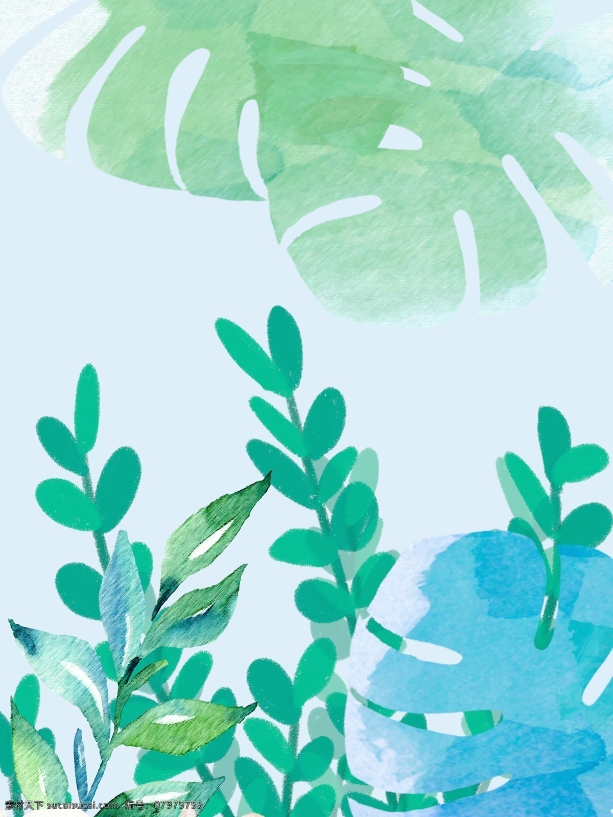 简约 蓝绿色 水彩 叶子 装饰画 小清新 淡蓝色背景 叶子植物 客厅装饰画 梦幻装饰画