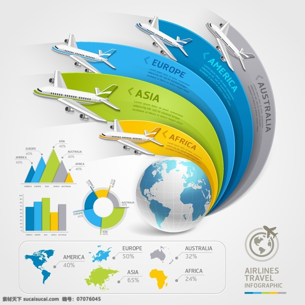 航空 旅行 信息 图 矢量 不规则柱形图 环形图 飞机 欧洲 美国 亚洲 非洲 澳大利亚 箭头 地球 航线 信息图 矢量图 标志图标 其他图标