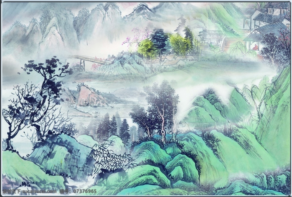 唯美 淡雅 中国 风 背景 山水画 深绿色背景