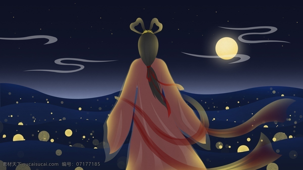 中秋节 插画 海上 明月 仙女 中秋 云 红色 金色 壁纸 月 月光