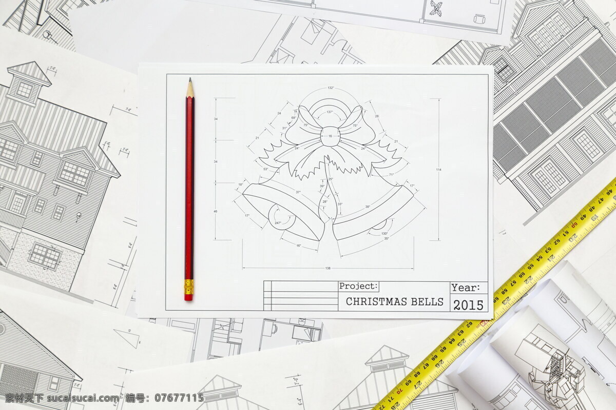铃铛 图案 手绘 铃铛图案 卷尺 绘图 图纸 素描 彩色铅笔 节日庆典 生活百科 白色