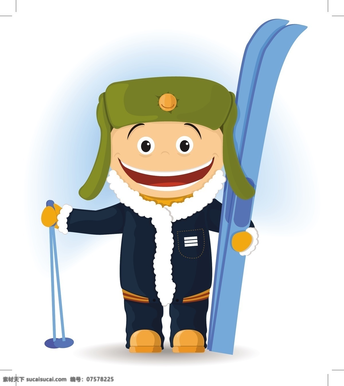 快乐 滑雪者 插图 手 儿童 运动 雪 冬天 手画 微笑 孩子 衣服 帽子 工具 滑雪 元素 有趣 冷 手套 白色