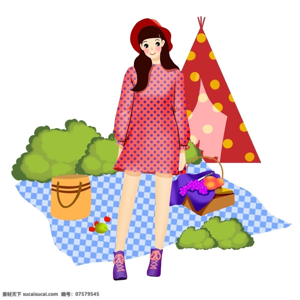 春游 踏青 野餐 插画 野炊的女孩 卡通插画 春游插画 踏青插画 游玩插画 郊游插画 蓝色的地毯