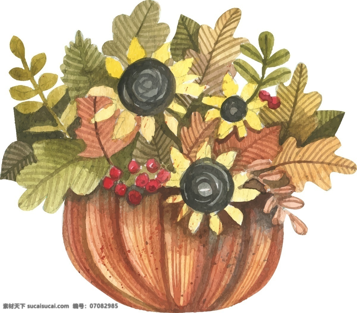 手绘 装饰 花朵 元素 卡通 复古 南瓜 盆栽