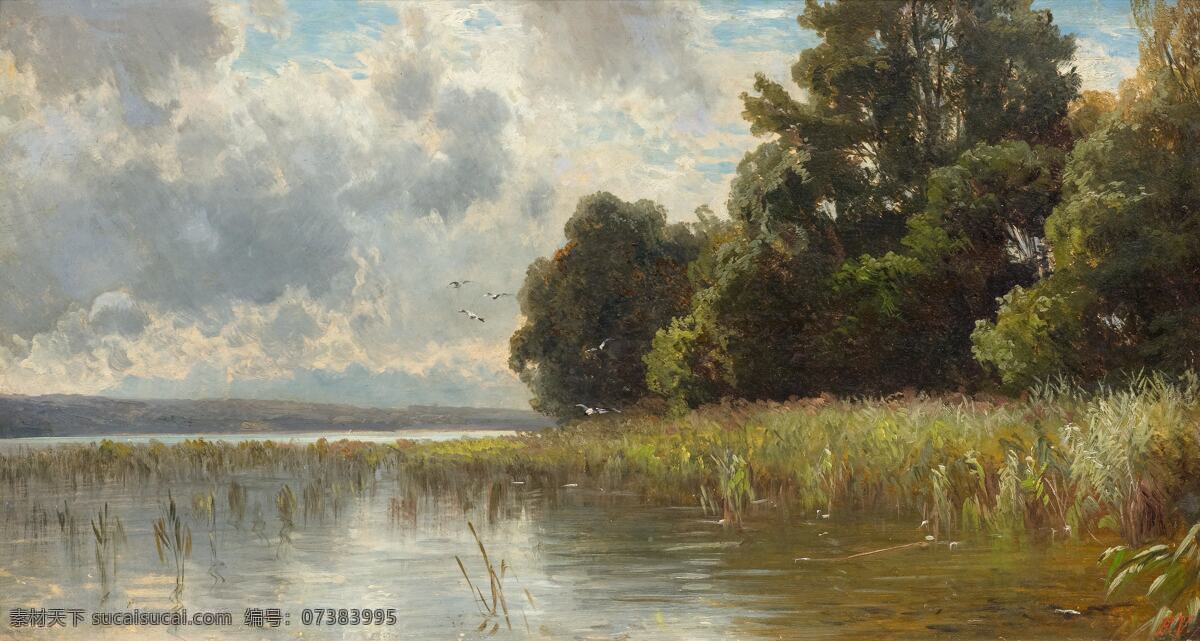弗雷德里 希 沃尔兹 作品 秋日 阴天 池塘 枯草 平静的水面 19世纪油画 油画 文化艺术 绘画书法