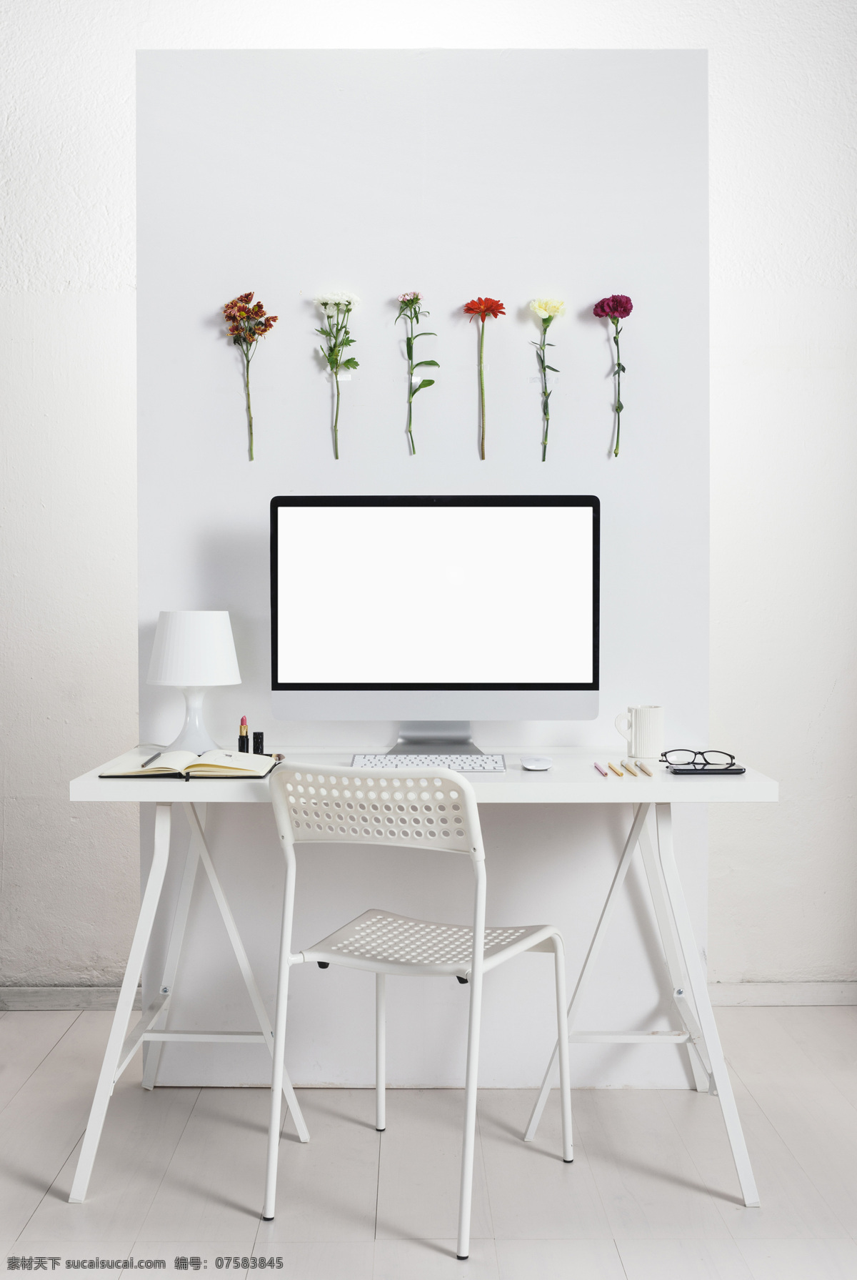 创意 办公 书桌 装饰 花朵 鲜花 装饰画 办公室 苹果电脑 椅子 办公桌 花卉 其他类别 生活百科 白色