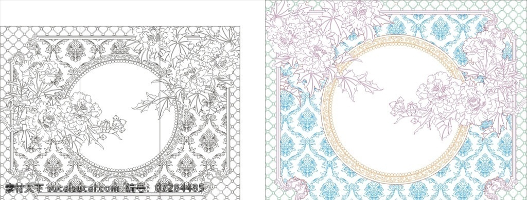 繁花似锦 艺术玻璃 矢量图 线条 图 欧式牡丹花 芙蓉花 矢量图线条图 雕刻图 电视背景墙 室内装修 底纹边框 条纹线条