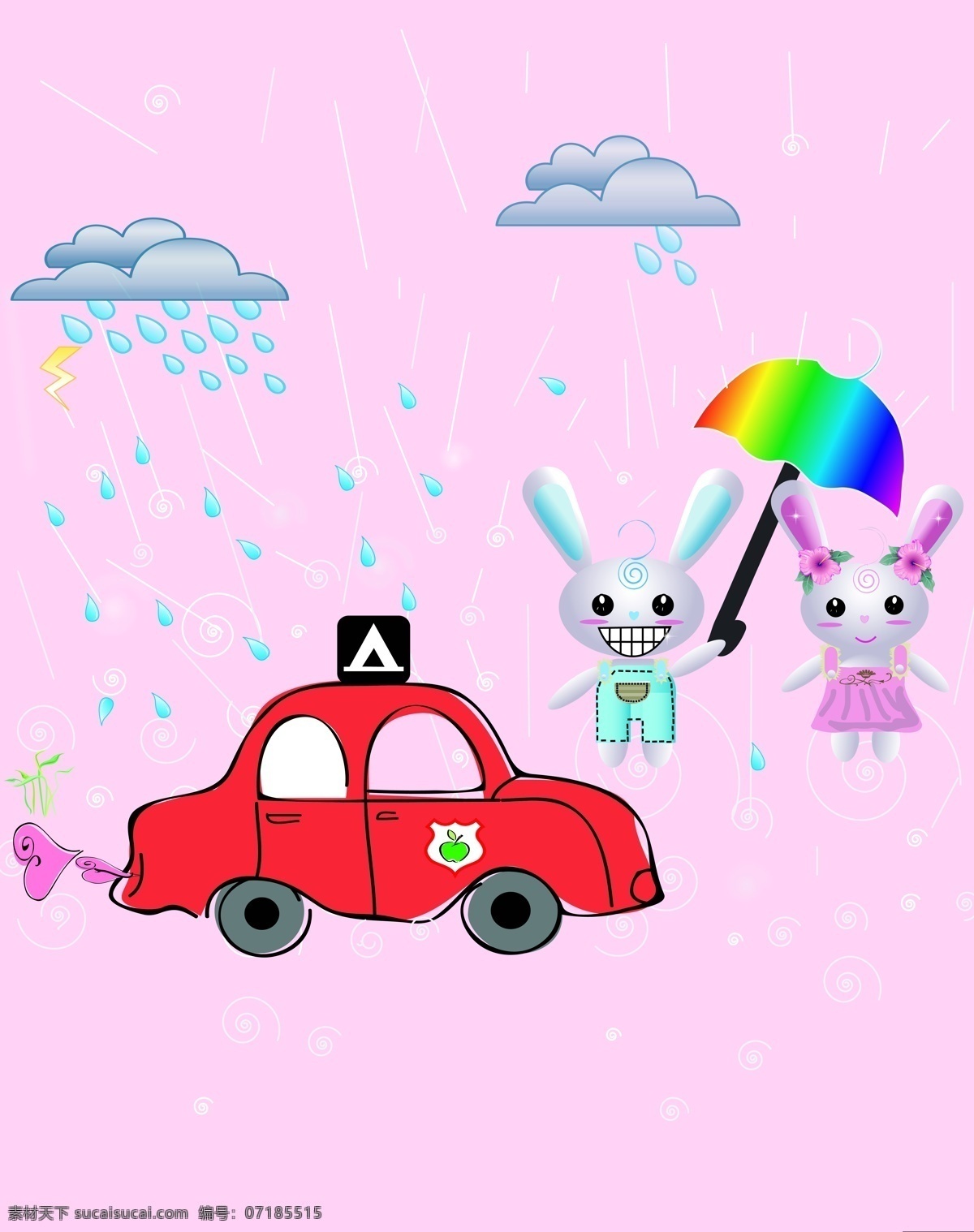 卡通移门 卡通 汽车 兔子 雨伞 雨滴 云 出租车 移门 设计图库 底纹边框 移门图案