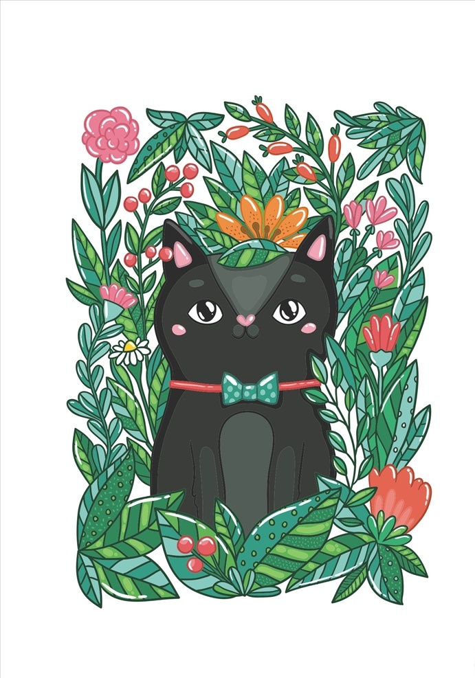 卡通 猫 花朵 花卉 矢量图 服装设计 男装设计 女装设计 箱包印花 男装印花 女装印花 童装印花 潮流服装印花 潮牌设计 面料印花 布料印花 贴纸图案 植物花朵花卉 卡通花朵花卉 小猫 猫咪 黑猫 卡通猫 手绘猫 树叶 绿叶 叶子 叶片 蝴蝶结 水果 矢量图案共享