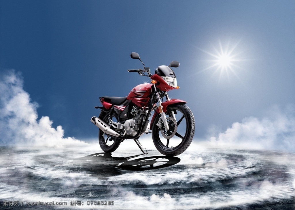 摩托车 烟雾 阳光 雾气 红色摩托车 云朵 舞台 广告设计模板 源文件