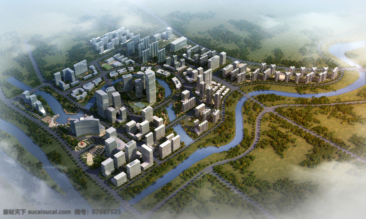 城市设计 现代建筑 中心区 滨河 鸟瞰 环境设计 景观设计