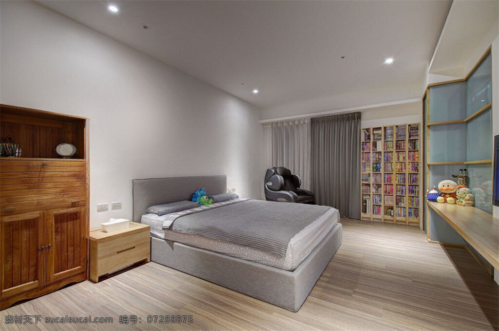 现代 极 简 客厅 浅 灰色 背景 墙 室内装修 效果图 木地板 客厅装修 灰色背景墙 灰色床品