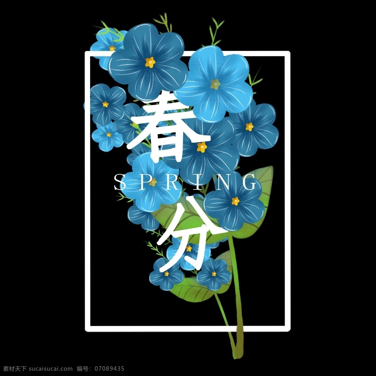 手绘 风 春天 蓝色 花 字 手绘风 花朵 花与字 植物 春分 spring 元素 可商用
