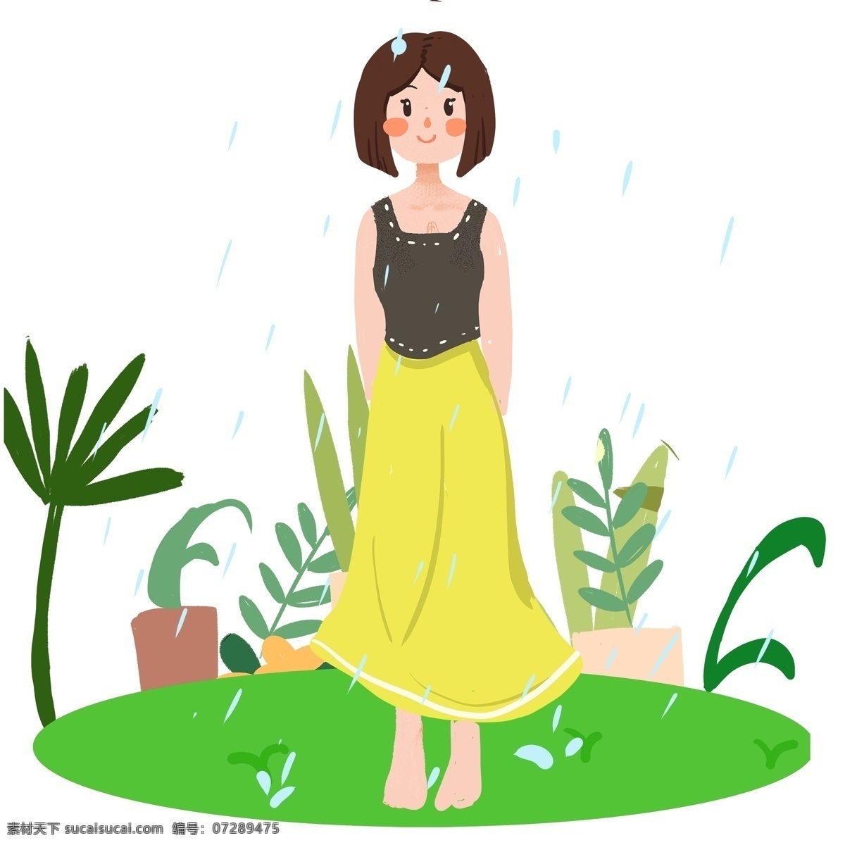 谷雨 淋雨 小女孩 谷雨人物插画 淋雨的小女孩 绿色的叶子 漂亮的小女孩 绿色的草地 下雨天气