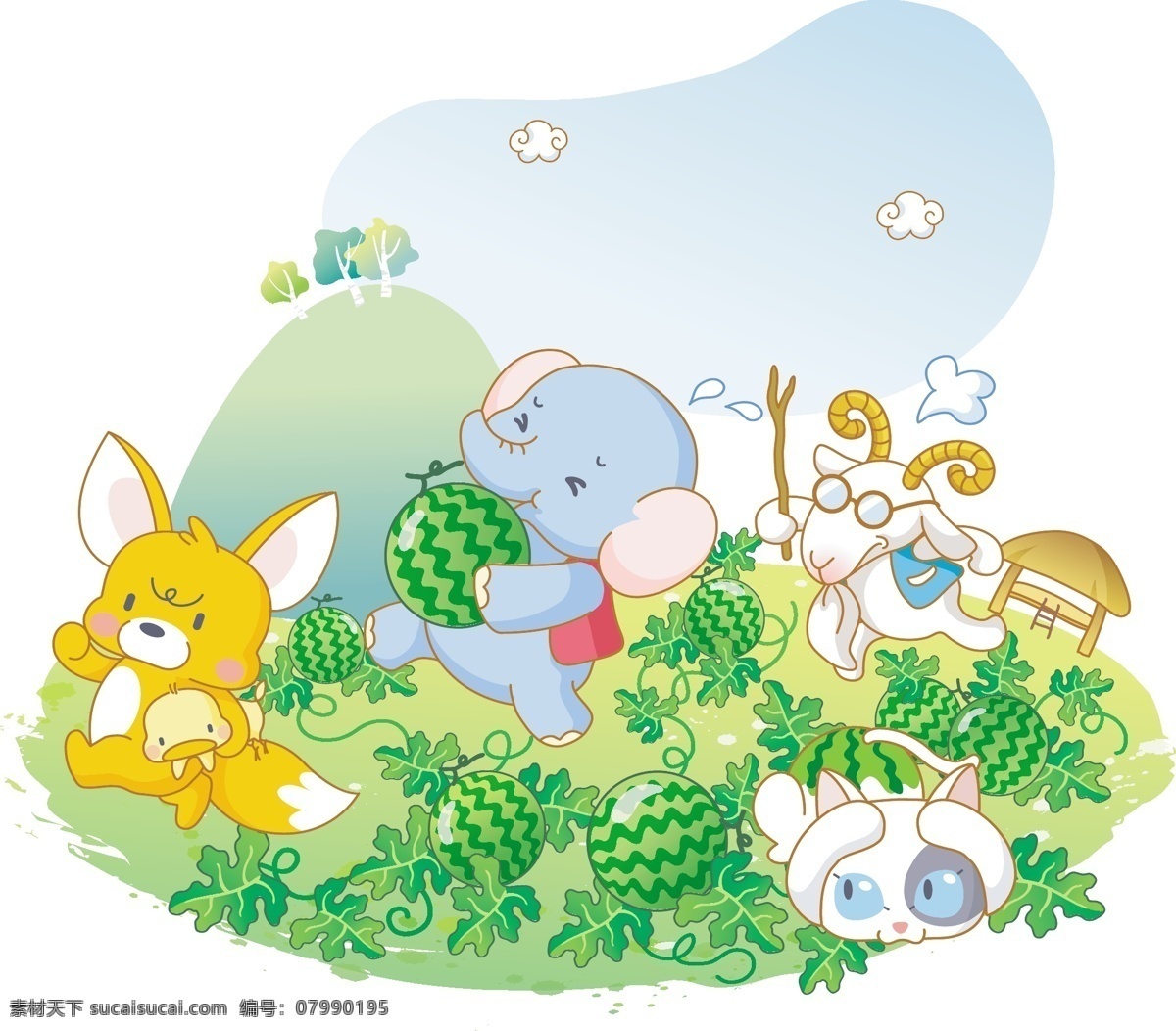 搬西瓜 卡通 大象 小猫 小狗 西瓜 藤蔓 山羊 野生动物 生物世界 矢量