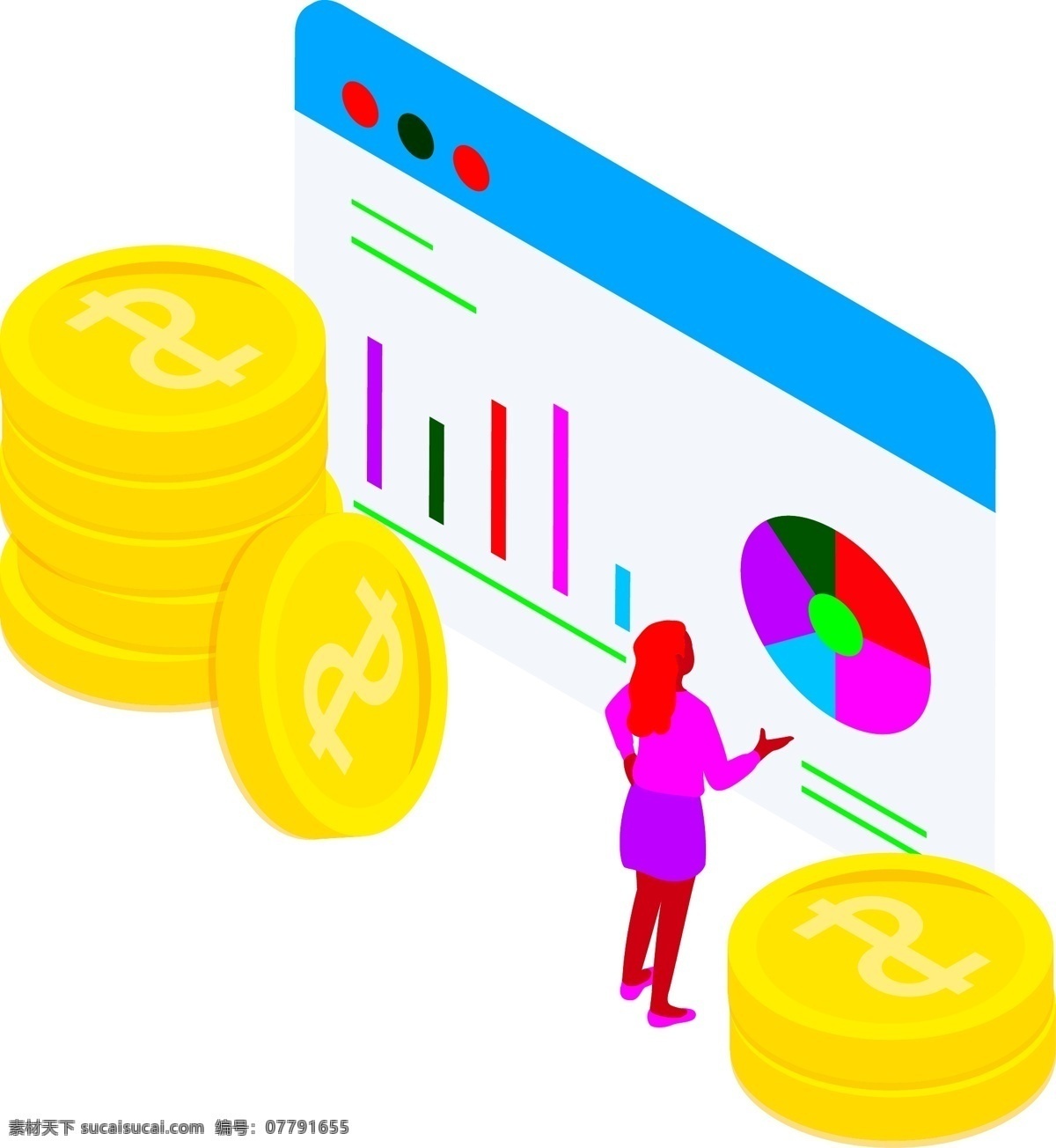 d 鼠 绘 立体 金币 数据 金融 钱币 数据分析 女人 人物 行业 矢量图 免抠图 思考