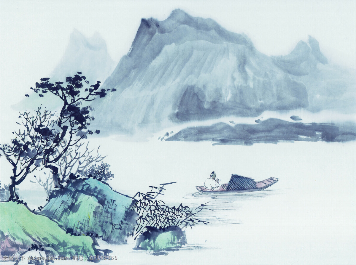 中国 国画 篇 山水 水墨 丹青 乌篷船 山峦 文化艺术 绘画书法