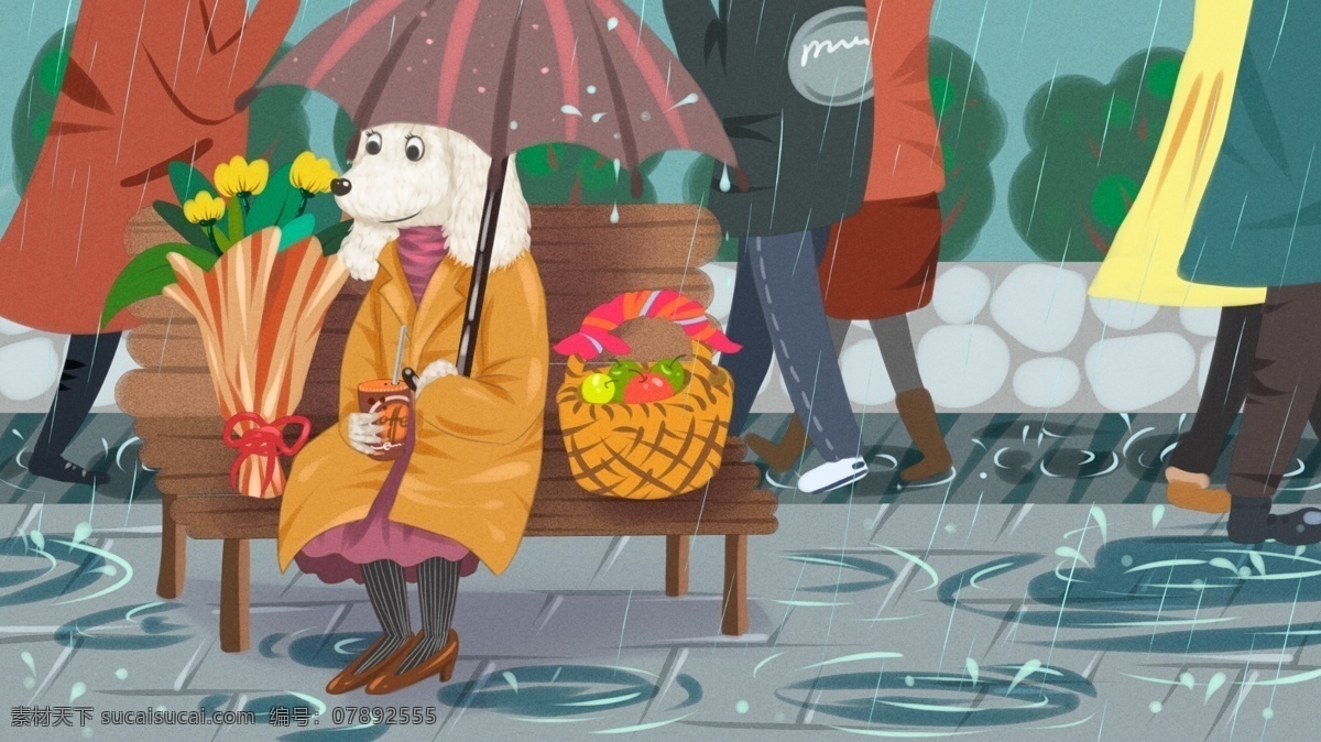 关爱单身狗雨中独坐的单身狗和匆忙的人群素材图片下载-素材编号07892555-素材天下图库