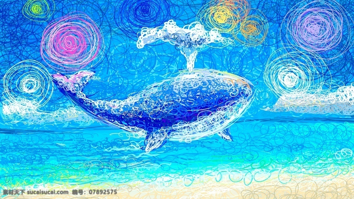 线圈 画 晴 大海 鲸 晴天 喷水 彩云 沙滩 线圈画