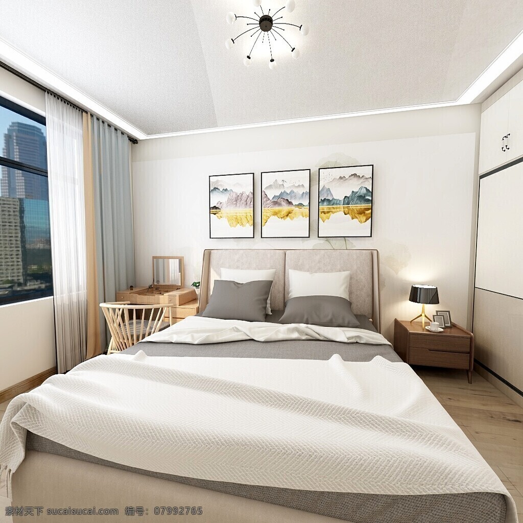 新 中式 家装 效果图 新中式 卧室 简约 环境设计 室内设计