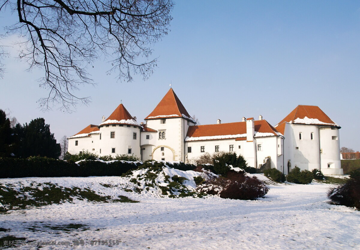 瓦拉 日 丁 白色 城堡 高清 瓦拉日丁景观 白色城堡 欧式建筑 雪地 积雪 枯树 雪景 古建筑 旅游景观