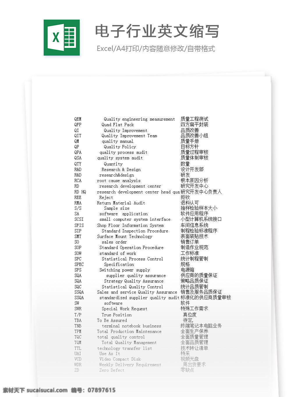 电子行业 英文 缩写 excel 表格 表格模板 表格设计 图表 电子 中英文