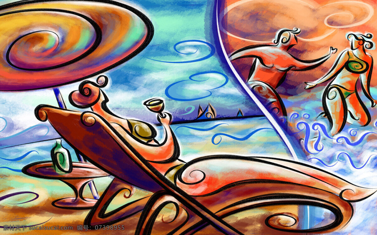 抽象 人物图片 抽象人物 绘画书法 男人女人 文化艺术 人物 设计素材 模板下载 阳光浴 海滩玩耍 psd源文件