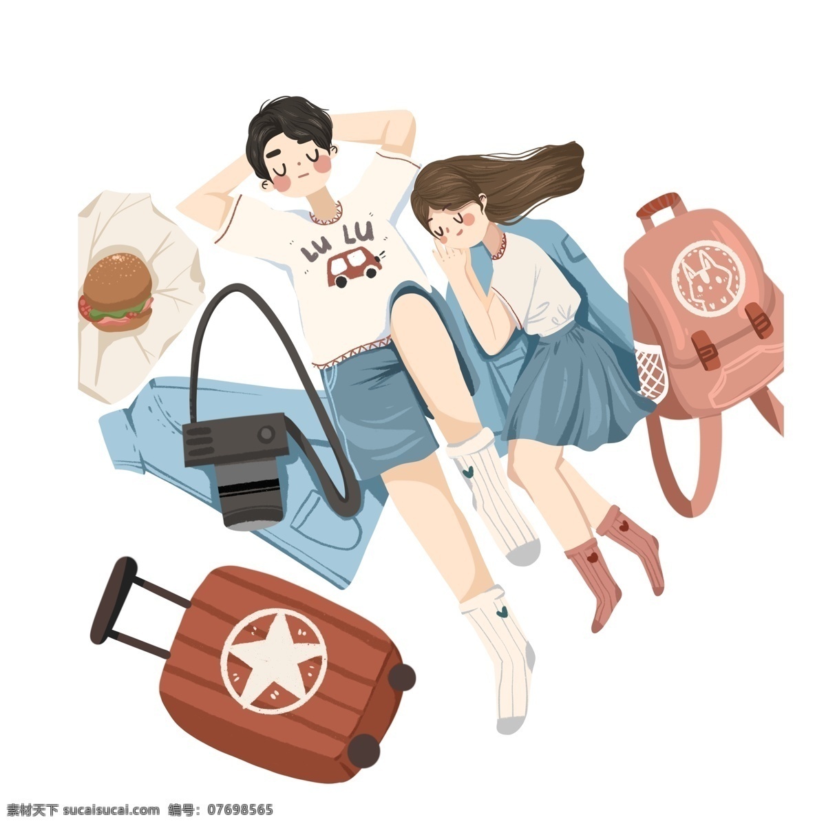 卡通 小 清新 春季 旅行 情侣 卡通复古 小清新 学生 行李箱 背包 插画 小情侣 男孩 女孩