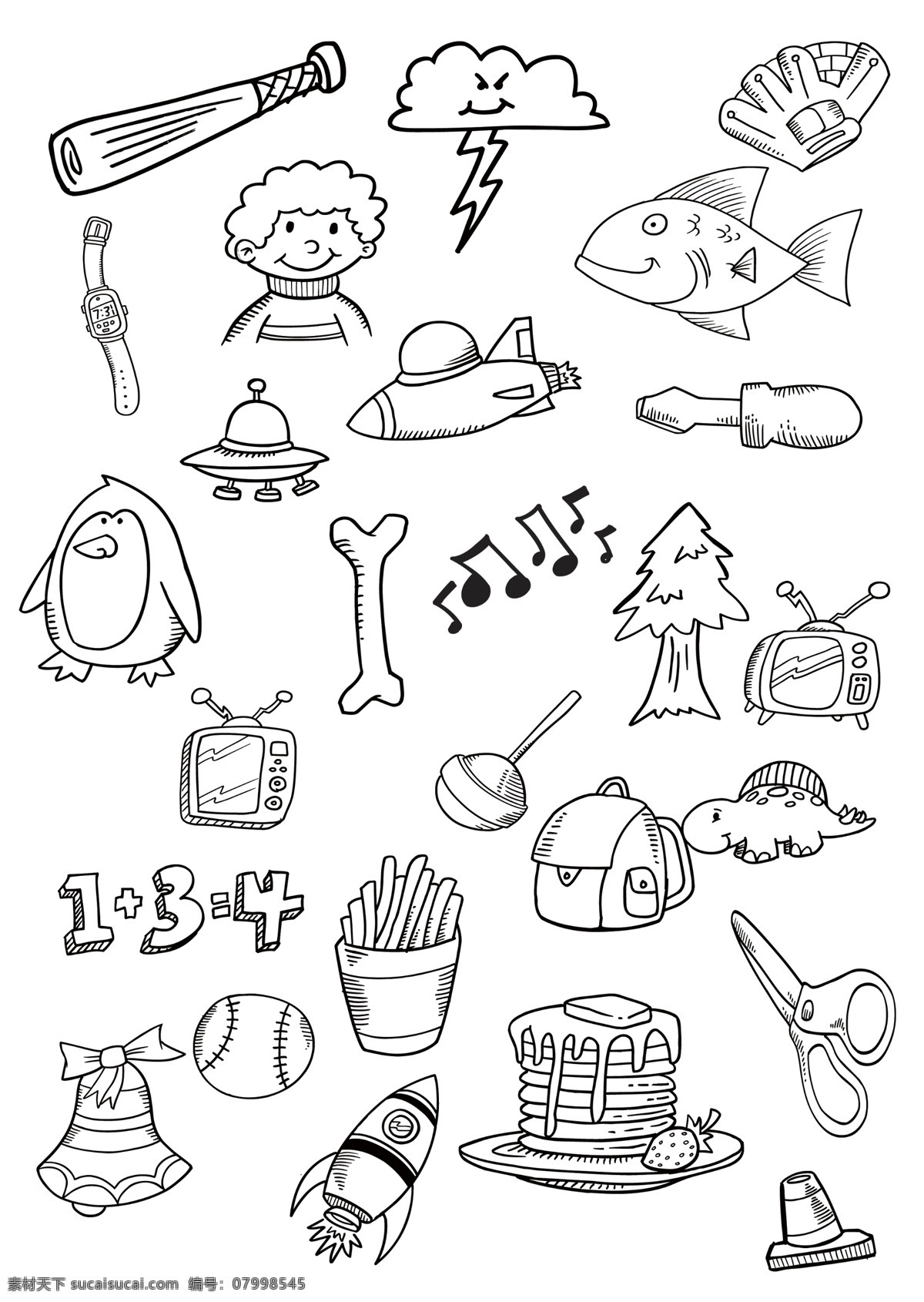 简笔画 简笔画素材 小孩简笔画 鱼 蛋糕 剪刀 分层 源文件