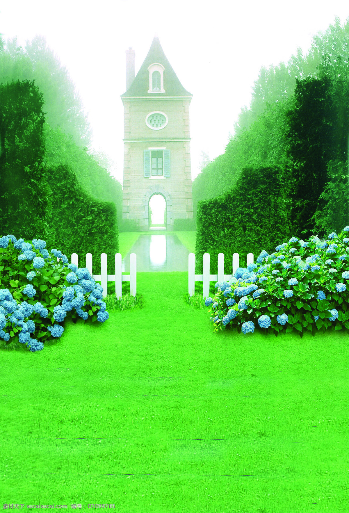 绿色 清新 城堡 背景 手绘 清爽 草坪 大树 尖顶 蓝色 花朵