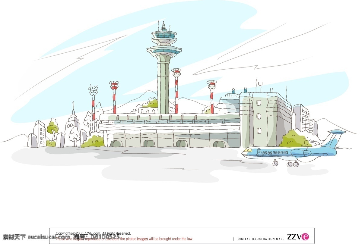 机场矢量插画 机场 飞机 航班 航站楼 城市风景 现代都市 线条画 矢量插画 动漫动画 风景漫画
