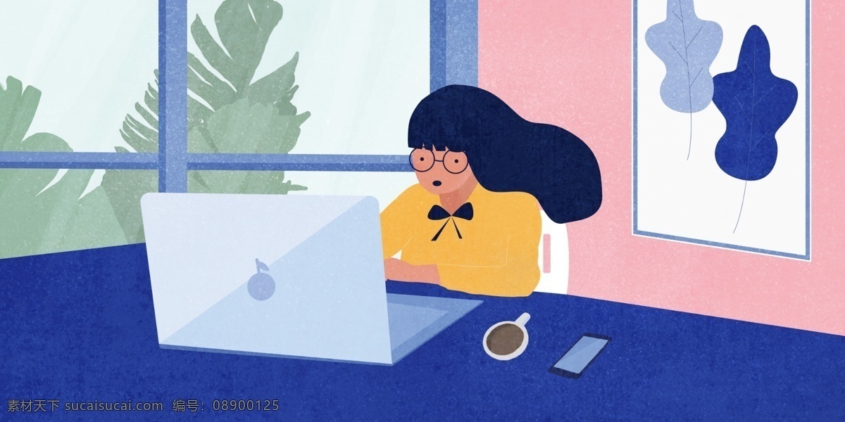 努力 工作 女生 办公 商务 插画 植物 笔记本 电脑 办公桌 职业女性 工作插画 简约插画