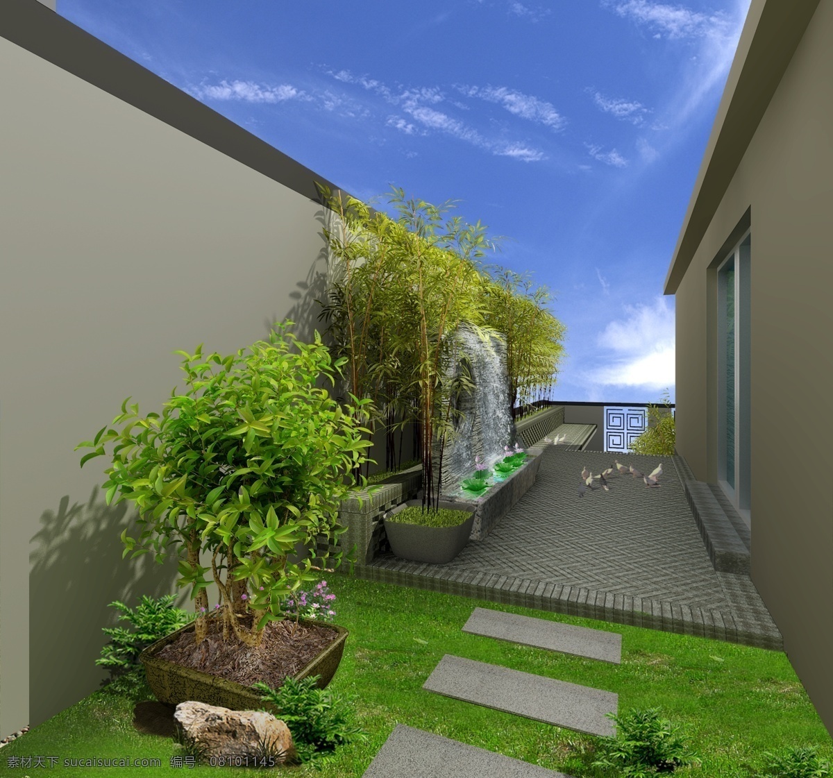 别墅 庭院 景观设计 鸽子 喷泉 鲜花 草地 树木 房屋 建筑物 蓝天 白云 环境设计