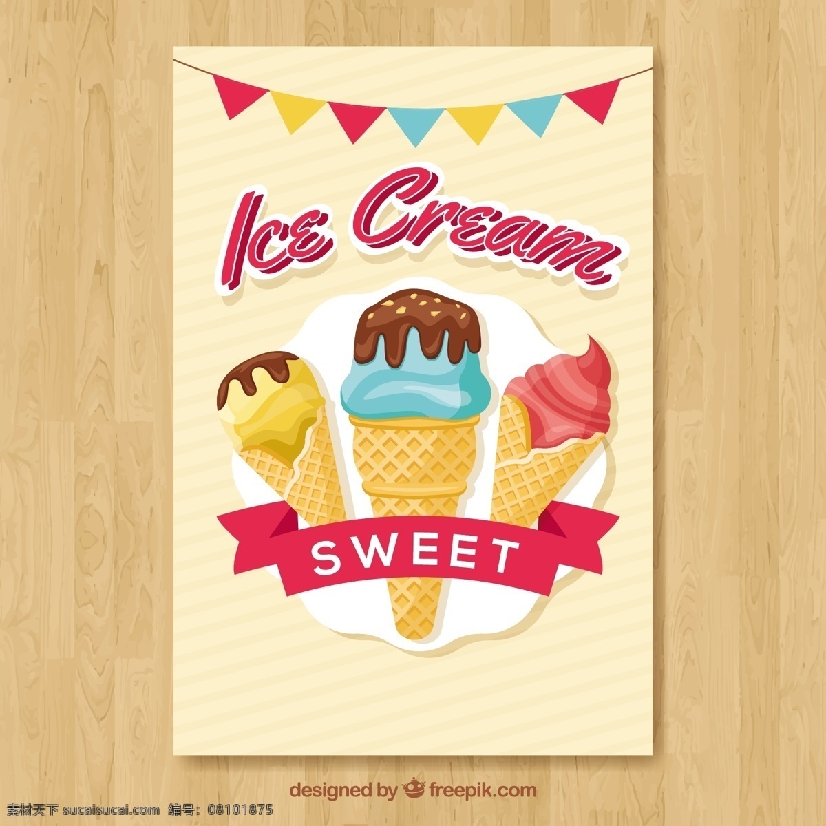 带有 花环 冰淇淋 奇妙 卡片 采购产品食品 夏天 模板 颜色 平坦 冰 甜 平坦的设计 装饰 甜点 印刷 奶油 吃 季节 美味 味道