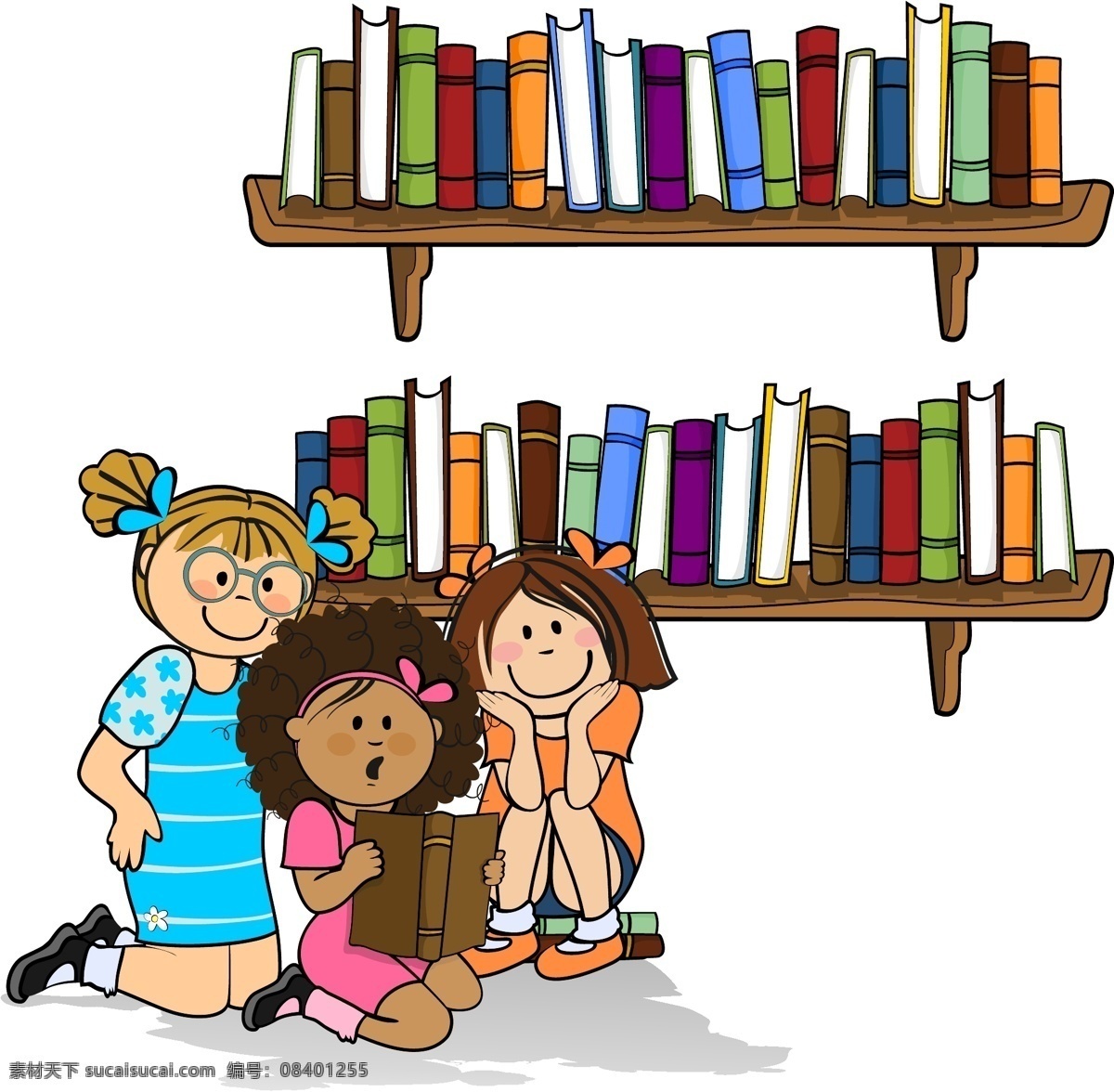 卡通儿童 卡通学生 书籍 书架 课本 插画 卡通小学生 国际交流 地球 幼儿园 小学 学生 义务教育 校园 卡通学习儿童 书柜 孩子 学习的孩子 学习 学校